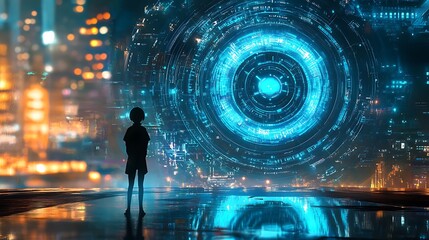 Fototapeta premium Digital illustration with blue and dark theme, high tech wallpaper design abstract background, digital and binary lights and shapes