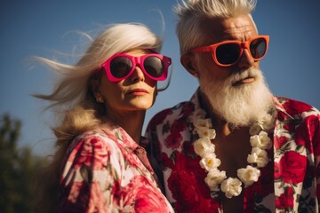 Obraz premium A man and woman wearing sunglasses and a flower lei