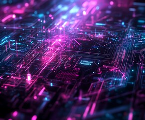 Fototapeta premium Digital illustration with purple and dark theme, high tech wallpaper design abstract background, digital and binary lights and shapes