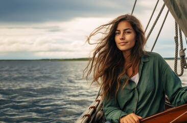 Fototapeta premium A woman with long hair is sitting in a boat on a lake