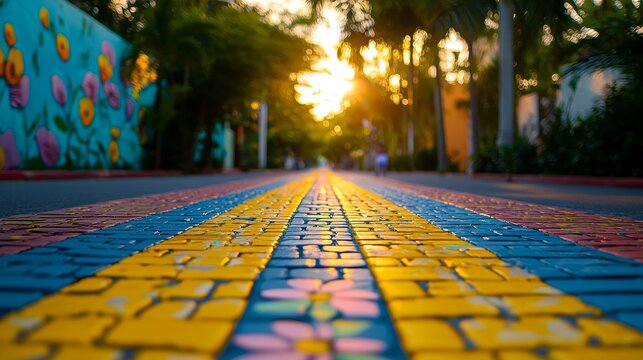 A beautifully designed road with artistic murals along the sidewalks, leading to a local polling station, where citizens gather to cast their votes in a peaceful election