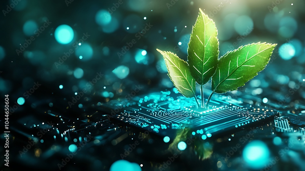 Poster little green sprout with fresh leaves on a high technology microchip hardware, technological modern 