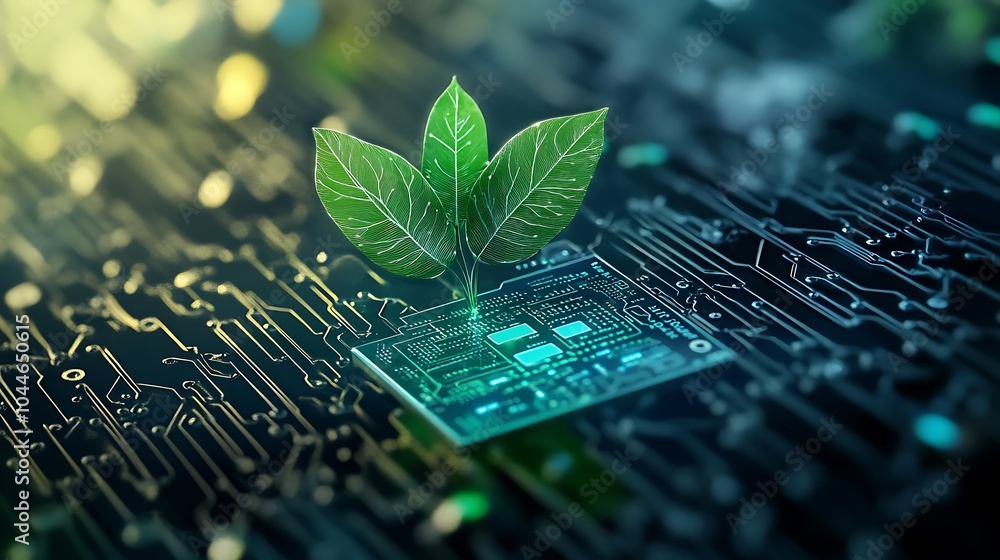 Poster little green sprout with fresh leaves on a high technology microchip hardware, technological modern 