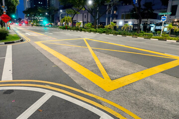 Elevated view of traffic signs painted on an avenue
