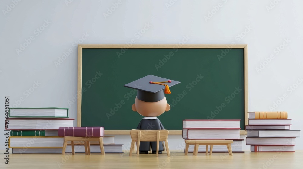 Aufkleber a child wearing a graduation cap sits at a small desk gazing at a chalkboard with books neatly stack