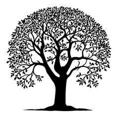 dramatic detailed silhouette of a large spreading oak tree.Tree Oak Linden Tree royalty-free stock illustration.A drawing of a tree with the word tree on it.