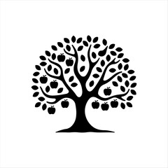 Black Silhouette Fruit Tree with Apples Clip Art