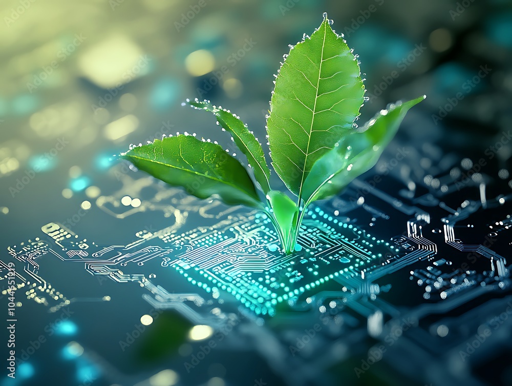 Poster little green sprout with fresh leaves on a high technology microchip hardware, technological modern 