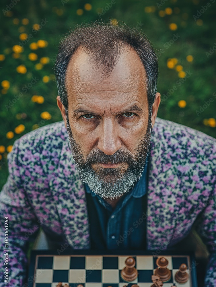 Poster a man with a serious expression stares intensely at the camera, his hand hovering over a chessboard 