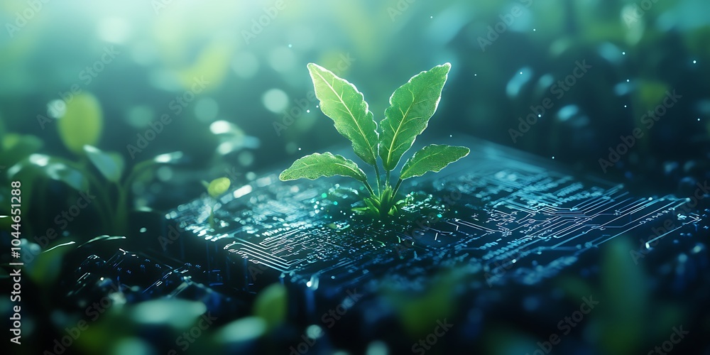 Poster little green sprout with fresh leaves on a high technology microchip hardware, technological modern 