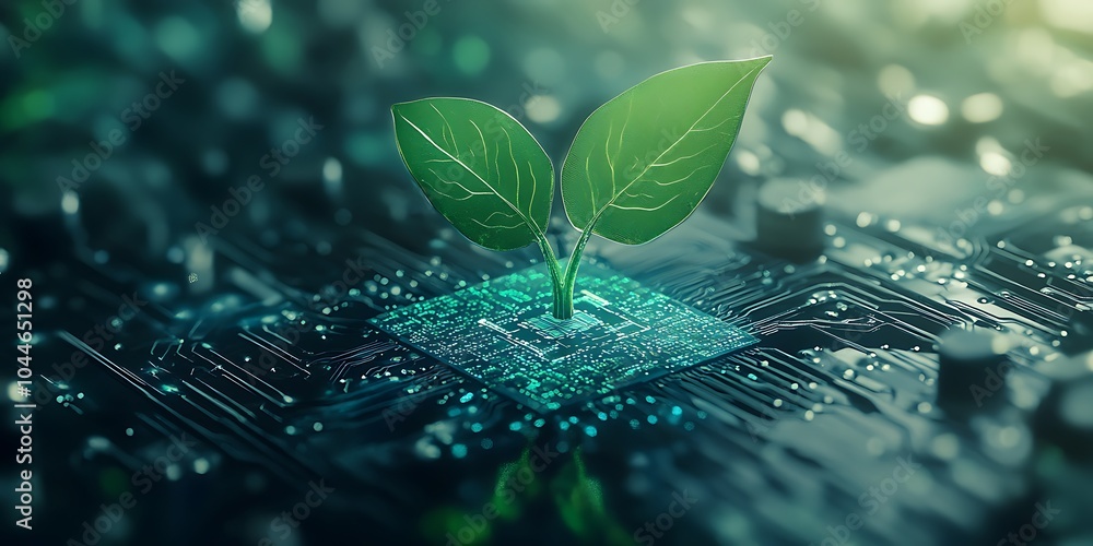 Poster little green sprout with fresh leaves on a high technology microchip hardware, technological modern 