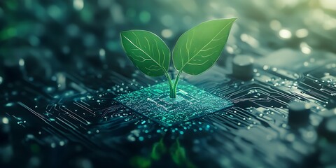 Little green sprout with fresh leaves on a high technology microchip hardware, technological modern design of computer science combined with environment and ESG concepts