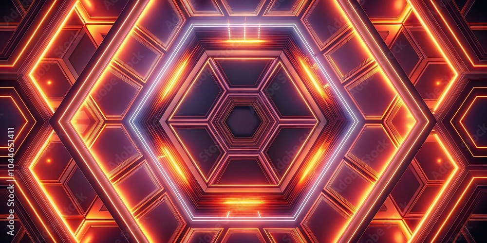Poster symmetrical futuristic hexagonal patterns with neon peach elements