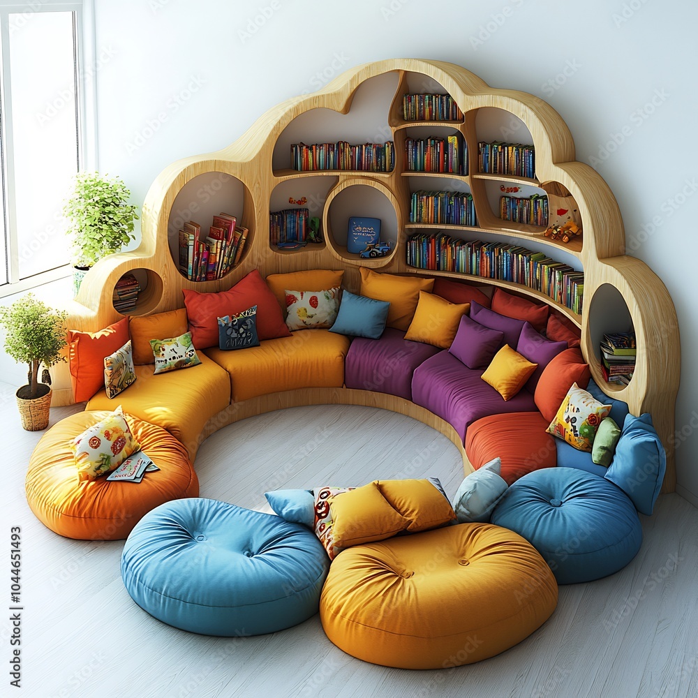Poster 3d render of children's library with interactive learning corners colorful seating and soft reading 