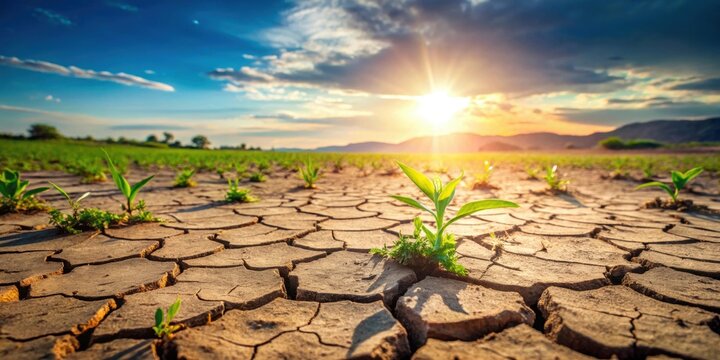 Cracked earth and parched soil with struggling green plants under bright sunlight in rural area , Drought, arid