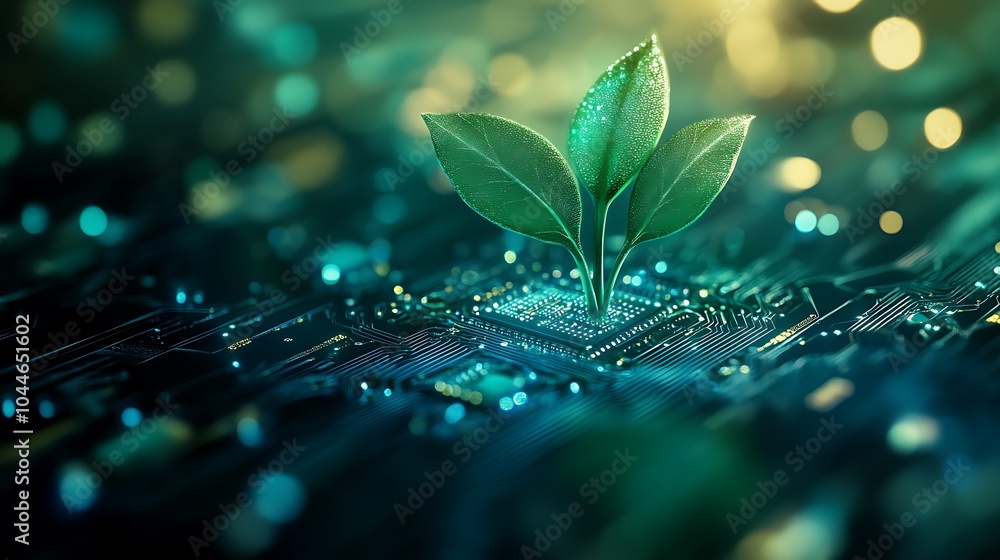 Poster little green sprout with fresh leaves on a high technology microchip hardware, technological modern 