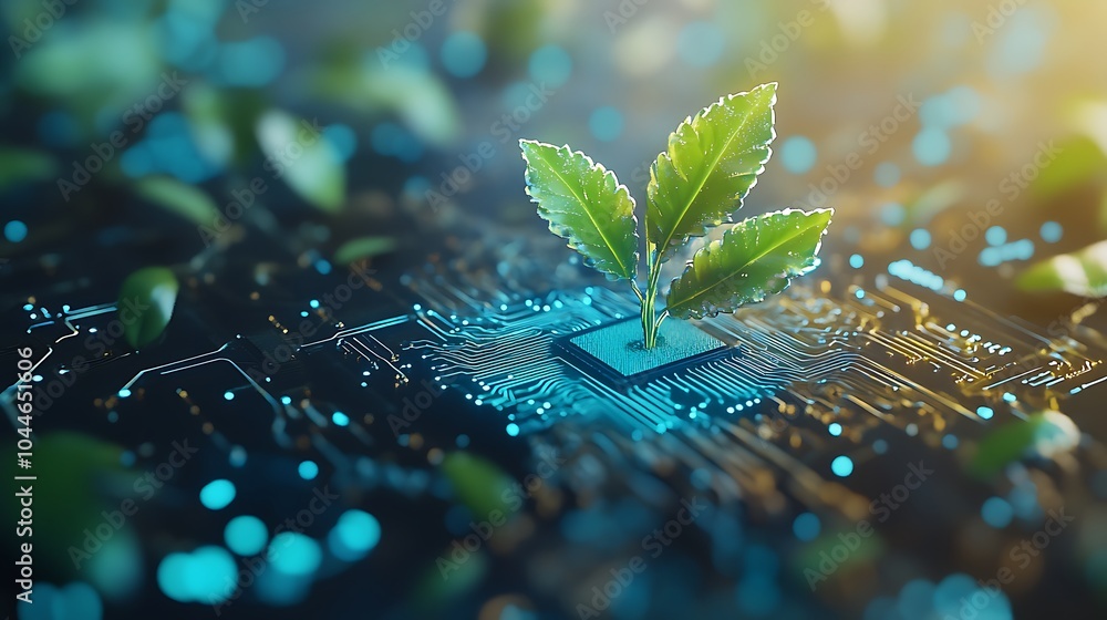 Poster little green sprout with fresh leaves on a high technology microchip hardware, technological modern 