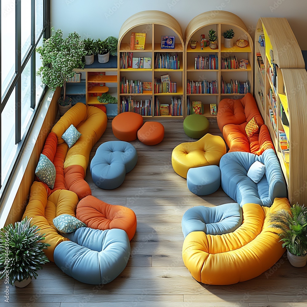 Poster 3d render of children's library with interactive learning corners colorful seating and soft reading 