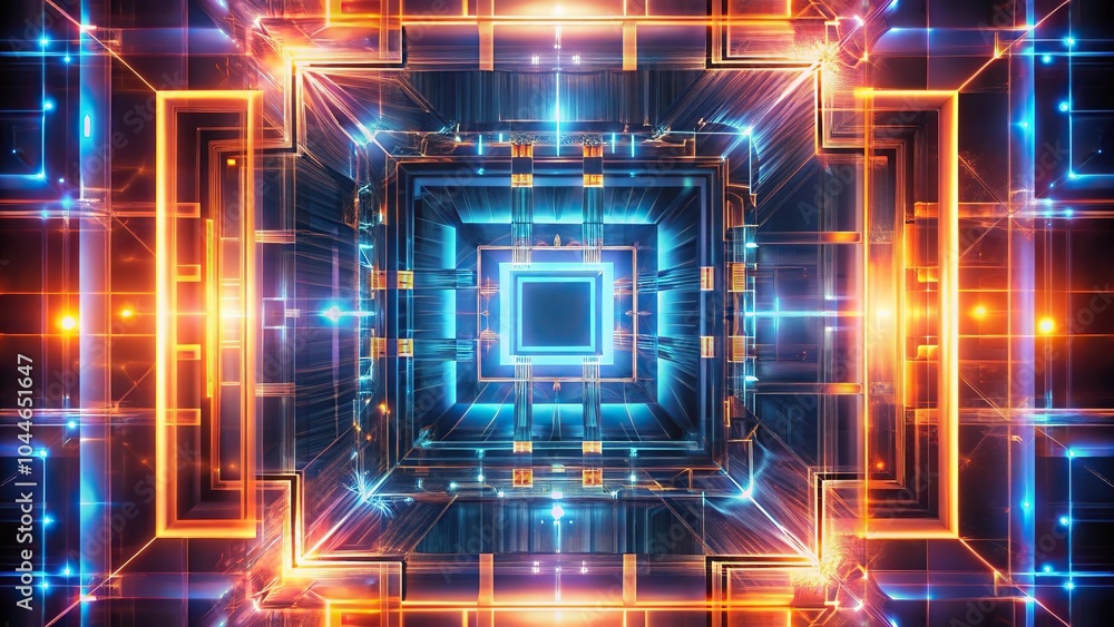 Poster symmetrical geometric dimension with glowing rectangles shapes patterns on background