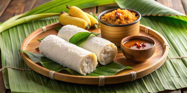 South Indian breakfast puttu made of rice flour and coconut with banana and kadala curry, served in a bamboo steamer
