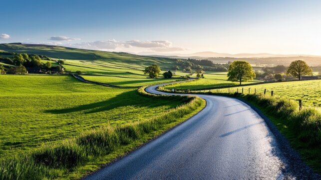 A country road winding through green fields, ending at a historic town hall where voters are lined up. The serene landscape contrasts with the civic duty