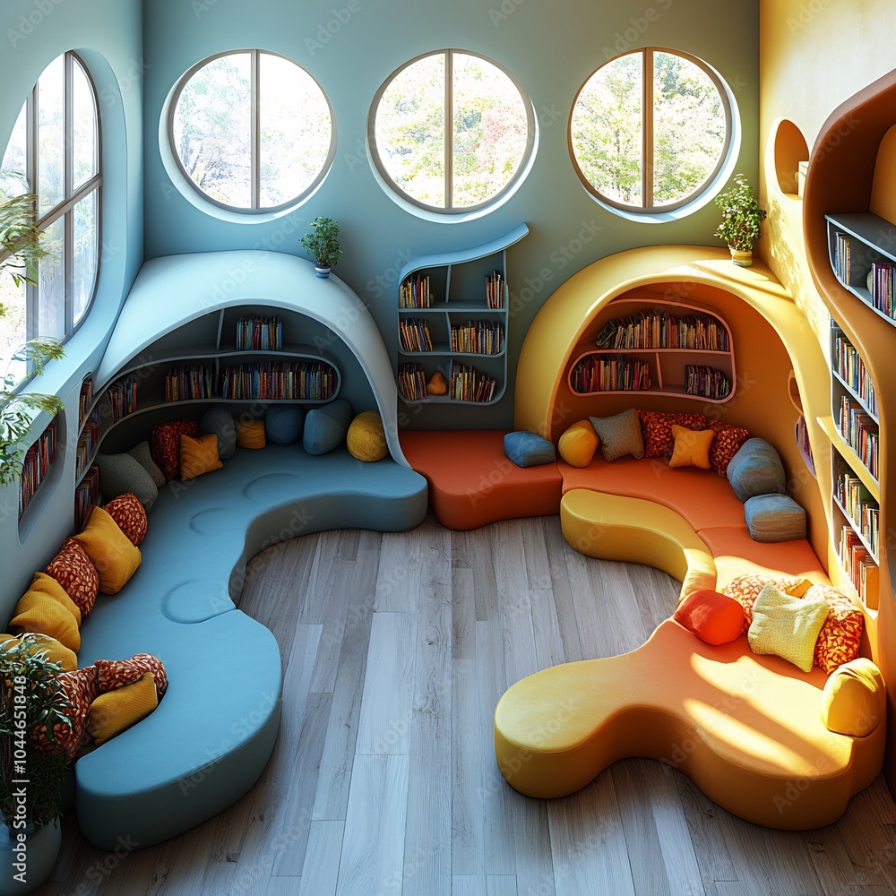 Poster 3d render of children's library with interactive learning corners colorful seating and soft reading 