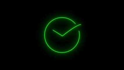 Green tick mark icon neon sign. Check mark icon animation. Glowing neon light Check mark icon and tick mark icon.