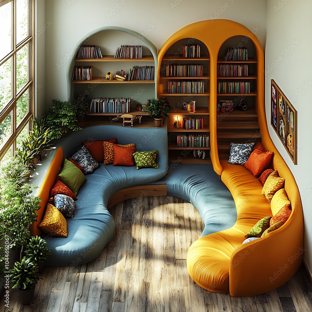 Poster 3d render of children's library with interactive learning corners colorful seating and soft reading 