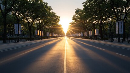 A peaceful boulevard under a clear sky, filled with banners calling for voter participation, trees casting shadows on the road, giving a sense of unity and purpose