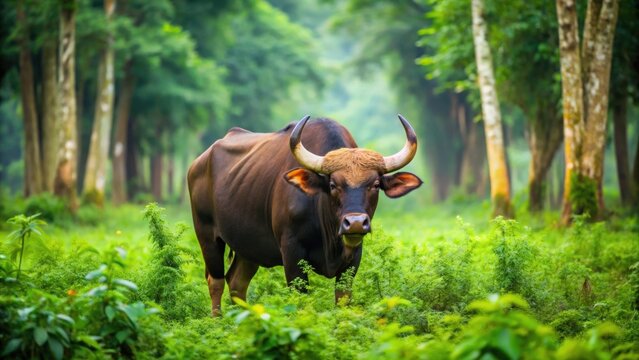 Beautiful view of a big gaur grazing grass in a lush jungle, gaur, wildlife, animal, grazing, grass, lush, jungle, nature, scenery