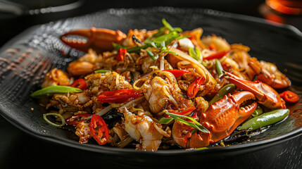 Delicious seafood stir fry featuring fresh crab, noodles, and vibrant vegetables, garnished with green onions and red chilies for spicy kick