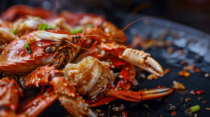 Deliciously prepared crab with vibrant colors and textures, showcasing its succulent meat and fresh garnishes, perfect for seafood lovers
