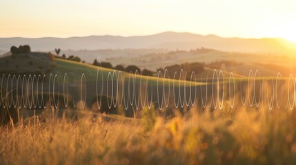 Sound waves radiating across a serene landscape, symbolizing the interconnectedness and harmony of natural and auditory elements.