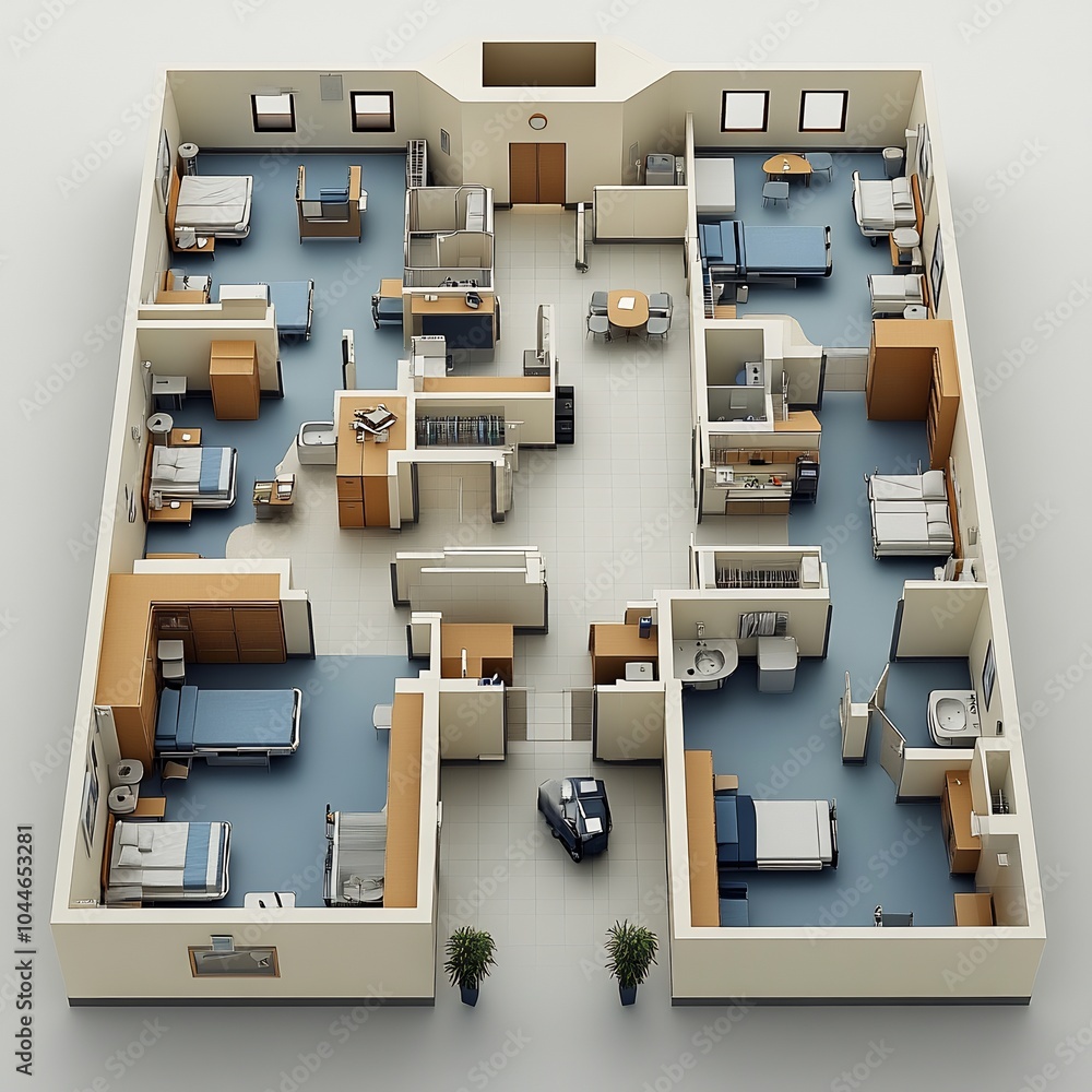 Poster 3d render of comprehensive hospital from a topdown perspective with radiology labs and surgical suit