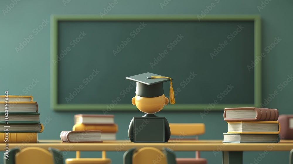 Leinwandbilder A graduation-capped student looks toward an empty chalkboard in a classroom with stacks of books on the desk. Generative AI