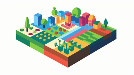 Obraz premium vibrant and colorful illustration of stylized farm landscape featuring geometric shapes representing houses, trees, and various crops. design showcases harmonious blend of nature and agriculture,