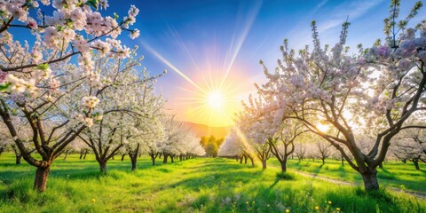 Spring blossom background with a blooming tree, bright sun flare, and beautiful orchard , Spring, blossom