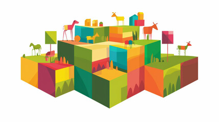 Fototapeta premium Colorful geometric shapes create vibrant landscape featuring various animals like horses and cows, set against backdrop of stylized trees and buildings, evoking playful and cheerful atmosphere