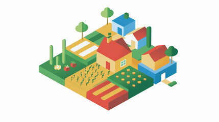 Fototapeta premium colorful isometric illustration of small farm featuring houses, crops, and trees, showcasing vibrant rural landscape. design highlights various agricultural elements and structures