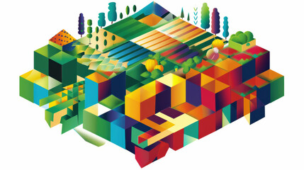 Fototapeta premium Vibrant geometric landscape featuring colorful fields, trees, and abstract shapes, creating lively and artistic representation of nature and agriculture