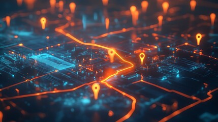 Orange marks of GPS on dark and blue background, location and destinations located