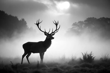 Silhouette of black and white red deer stag in mist