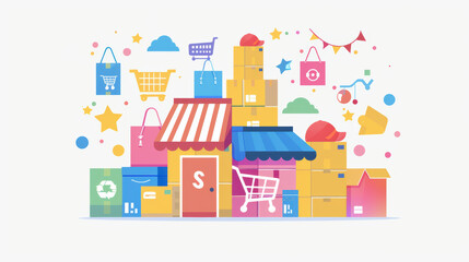 Fototapeta premium Colorful shopping illustration featuring boxes, shopping bags, and various decorative elements, creating vibrant and cheerful atmosphere