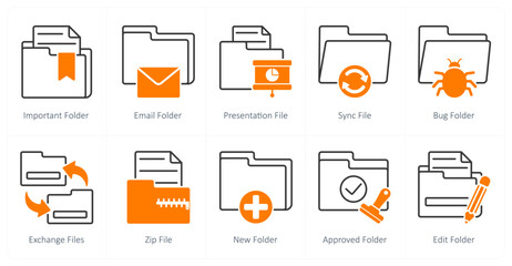 A set of 10 files icons as important folder, email folder, presentation folder