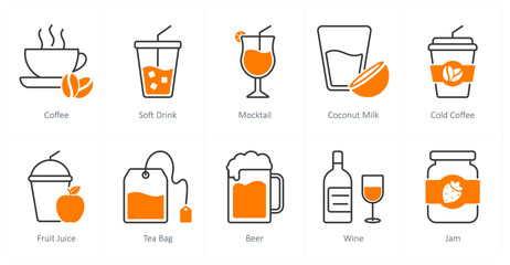 A set of 10 food and drink icons as coffee, soft drink, mocktail