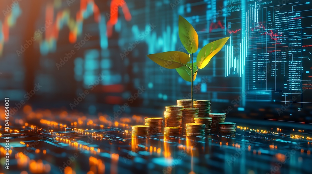Aufkleber growth in business graphical design, combination of coins and green sprout leaves with background of