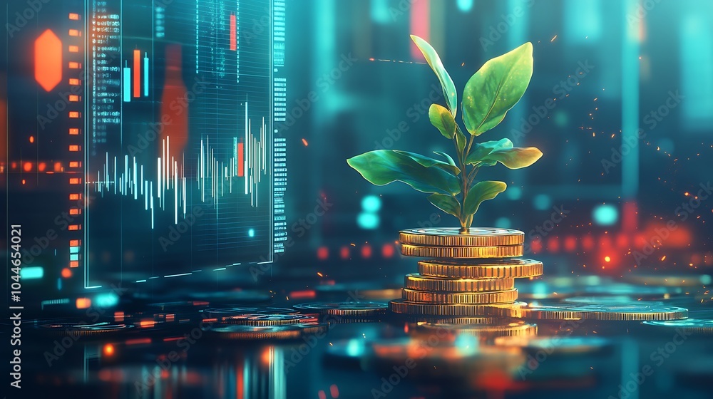 Poster growth in business graphical design, combination of coins and green sprout leaves with background of