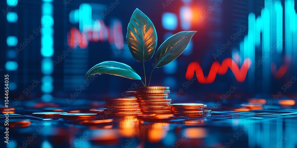 Poster growth in business graphical design, combination of coins and green sprout leaves with background of
