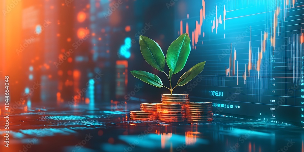 Aufkleber growth in business graphical design, combination of coins and green sprout leaves with background of