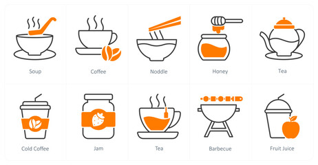 A set of 10 food and drink icons as soup, coffee, noodle